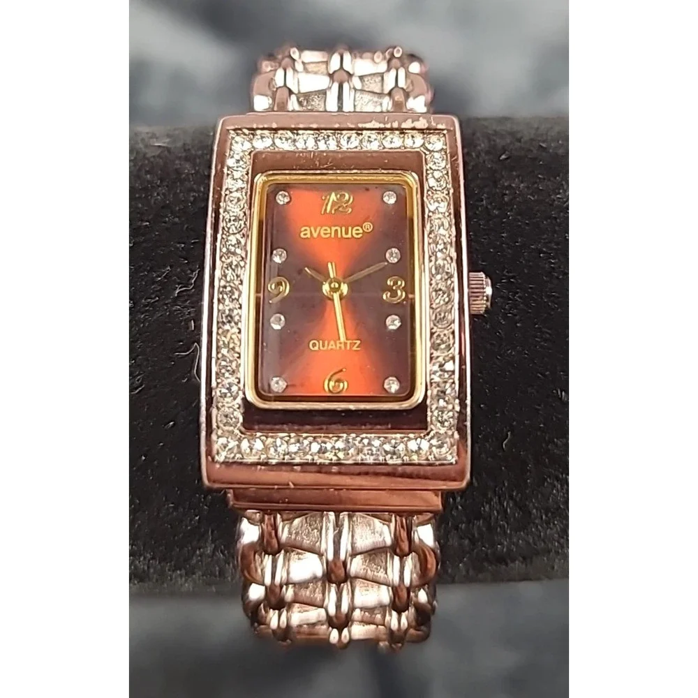 Avenue‎ Coppertone Cuff Bracelet Rhinestone Bezel Quartz Watch New Battery 6½